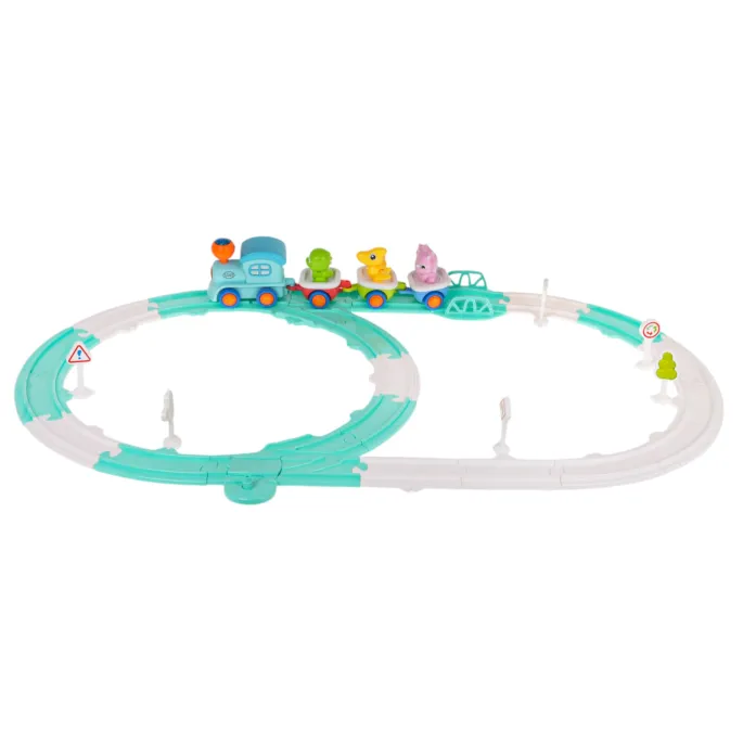 Widok torów kolejki o długości 312 cm ze znakami i drzewkiem