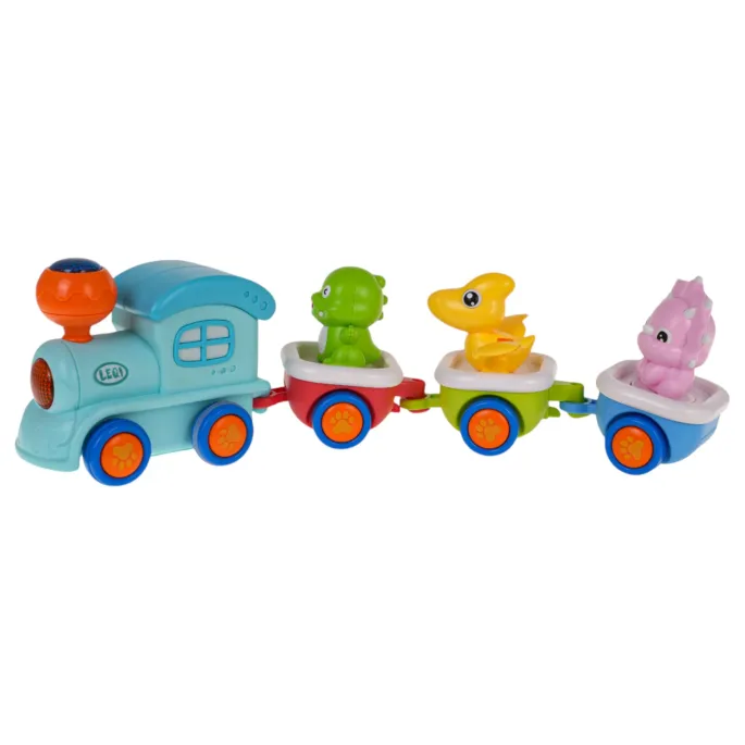 Opakowanie zawierające 33 elementy kolorowej kolejki dinozaurów