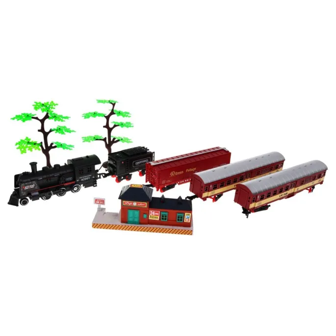 elementy torów i wagony kolejki z efektami świetlnymi