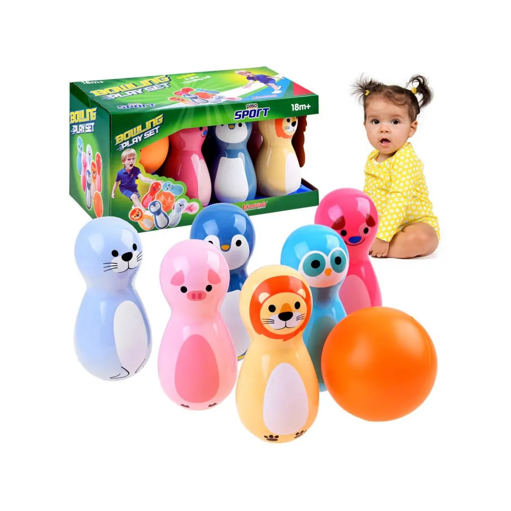 Zestaw sześciu kolorowych kręgli ze zwierzątkami i kulą do gry