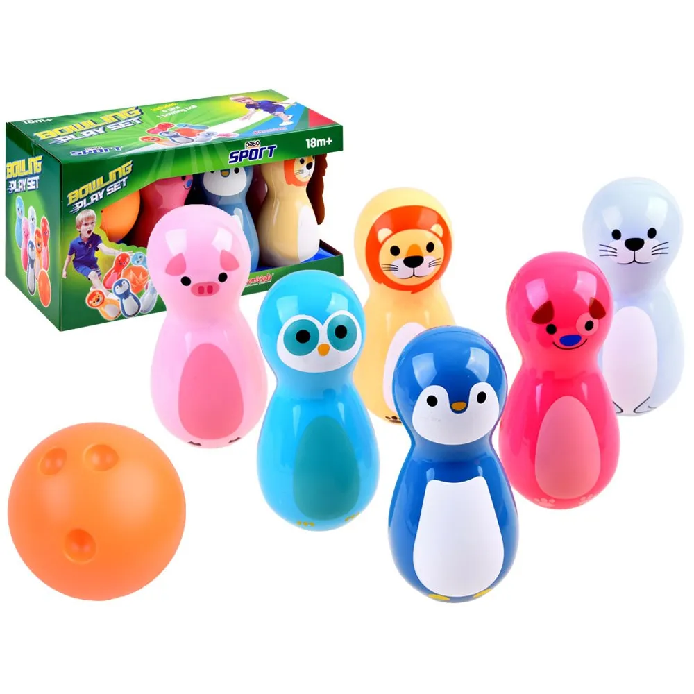 Kręgle dla dzieci z pastelowymi motywami zwierząt i efektem grzechotki