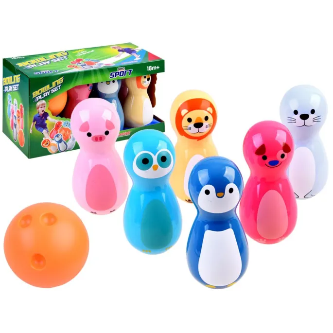 Kręgle dla dzieci z pastelowymi motywami zwierząt i efektem grzechotki