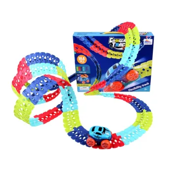 autko na giętkim torze z włączonymi światłami LED