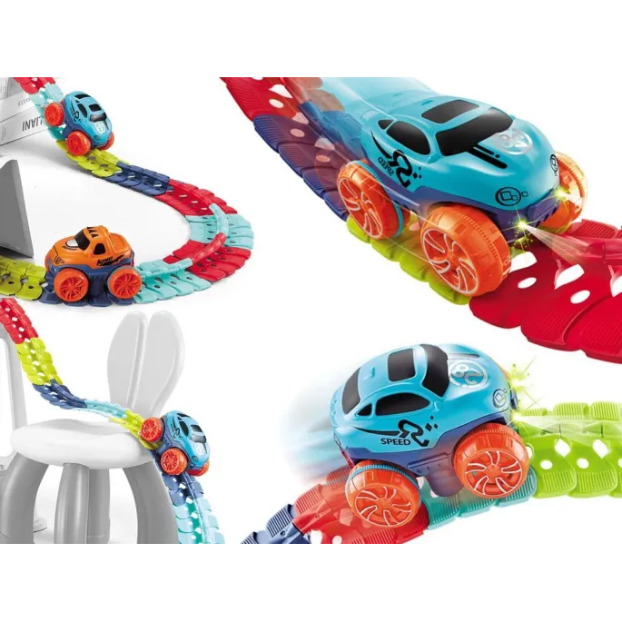 masywny samochód z gumowymi kołami na tle kolorowej trasy