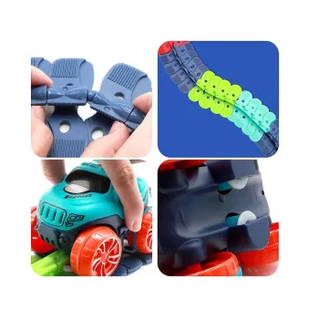 zabawa dzieci z giętkim torem i samochodzikiem na pokoju