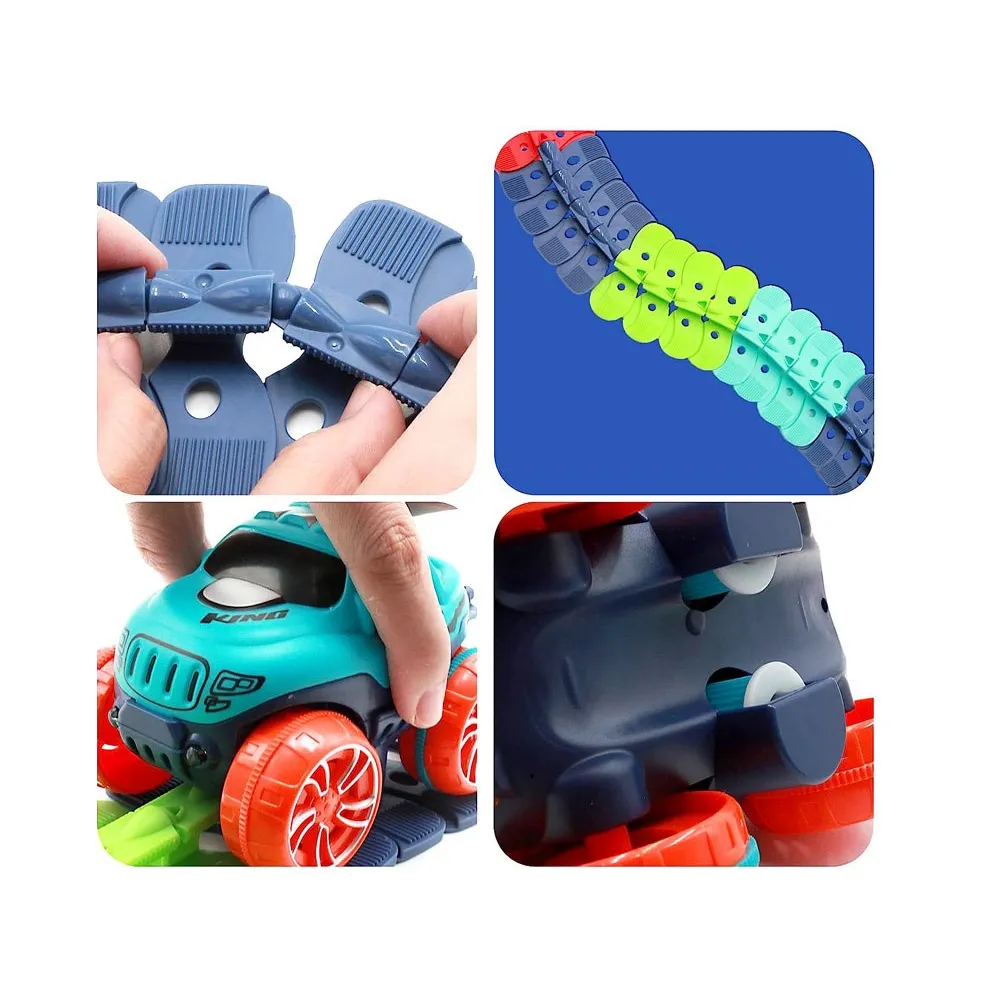 zabawa dzieci z giętkim torem i samochodzikiem na pokoju