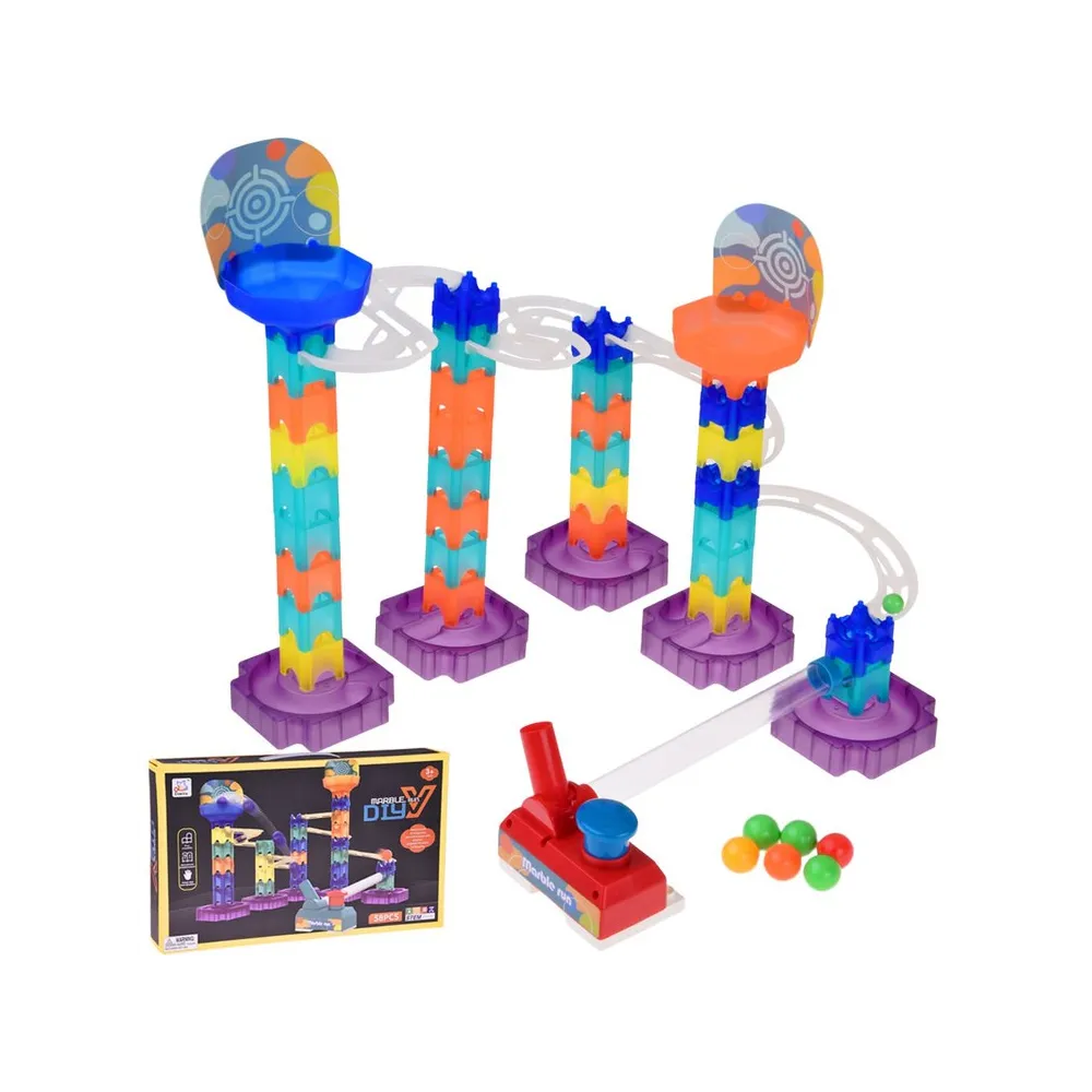 kolorowy tor kulkowy marble run diy z widocznymi przezroczystymi elementami