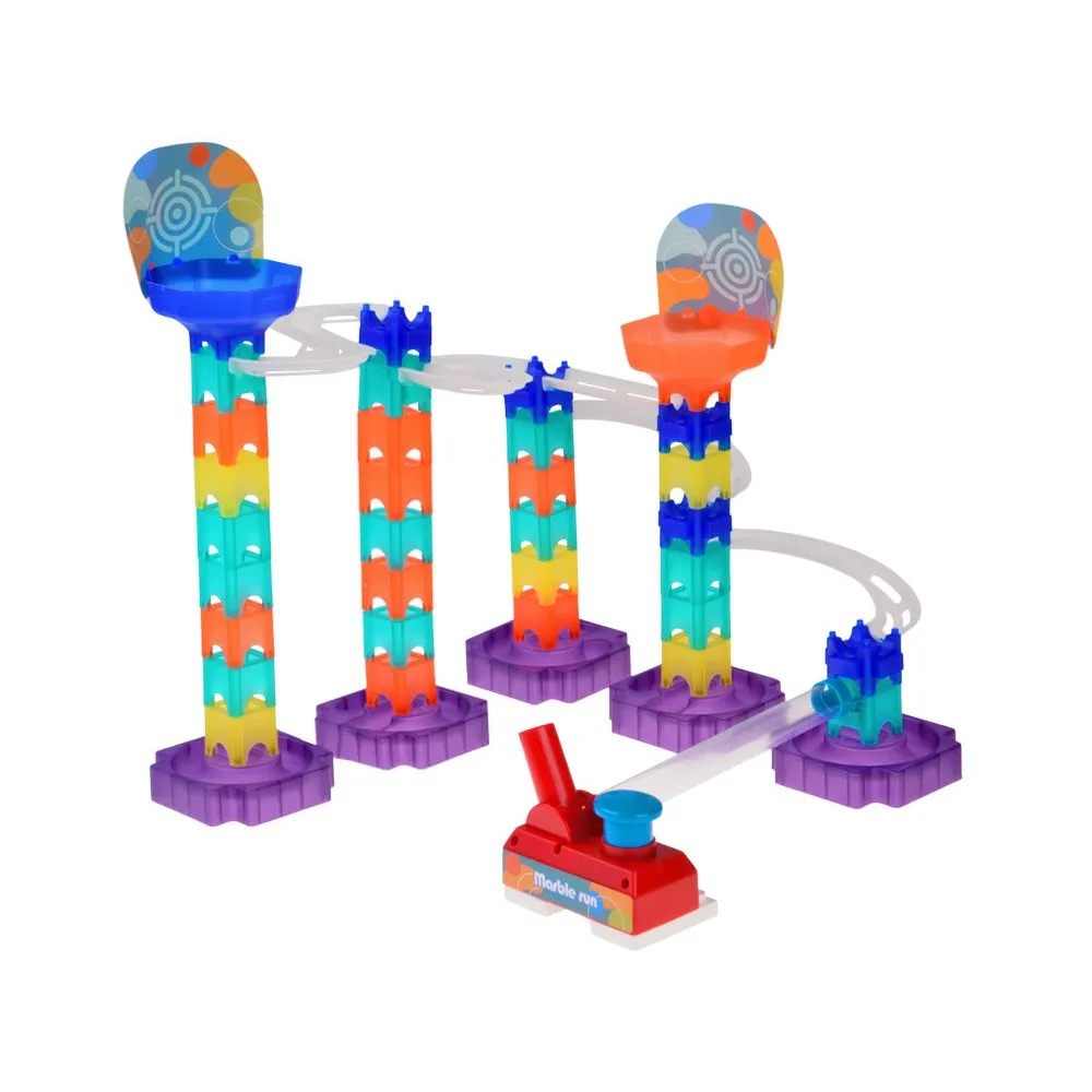 zestaw marble run diy złożony w układ z wyrzutnią i tarczą na kulki