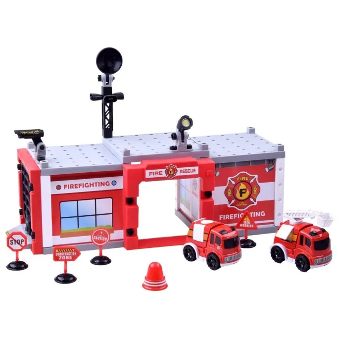 Dwa auta strażackie oraz akcesoria z zestawu klocków