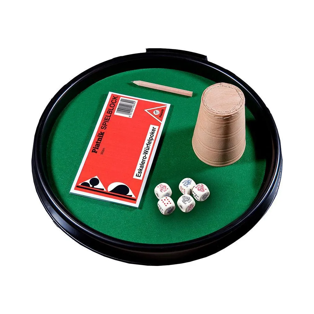 zestaw do gry w kości pokerowe z tacką, kubkiem i bloczkiem na punkty