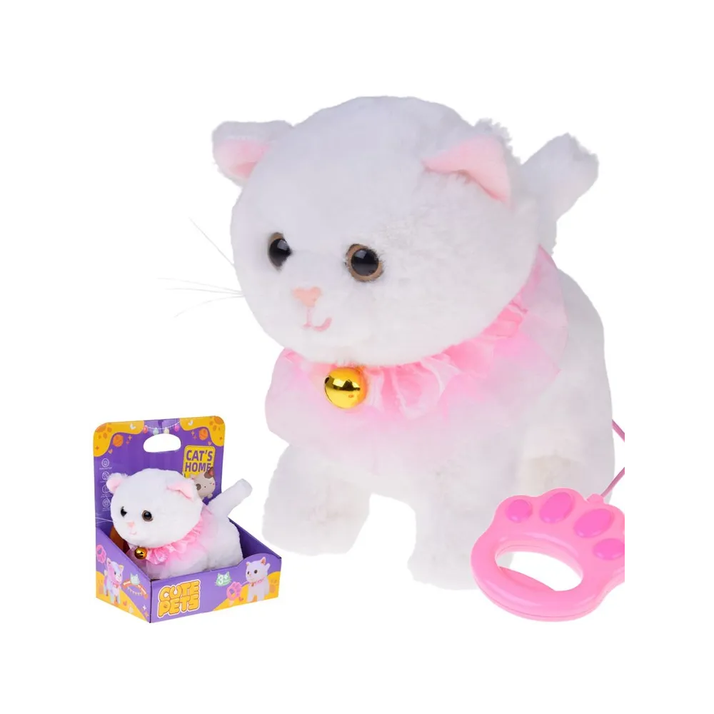 Kotek interaktywny na smyczy z błyszczącymi oczkami i pelerynką