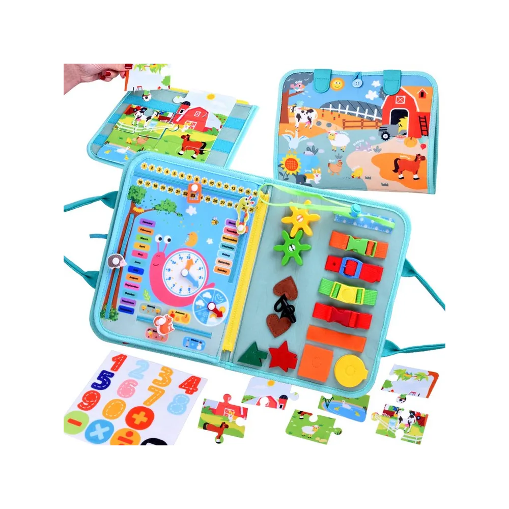 Książka manipulacyjna Montessori zamknięta na gumkę i guzik, widok z przodu