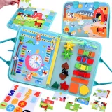 Książka manipulacyjna Montessori zamknięta na gumkę i guzik, widok z przodu