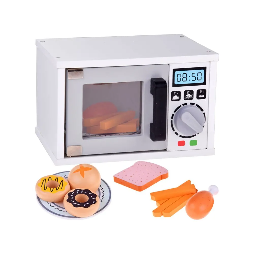 drewniana kuchenka mikrofalowa do zabawy w białym i czarnym kolorze