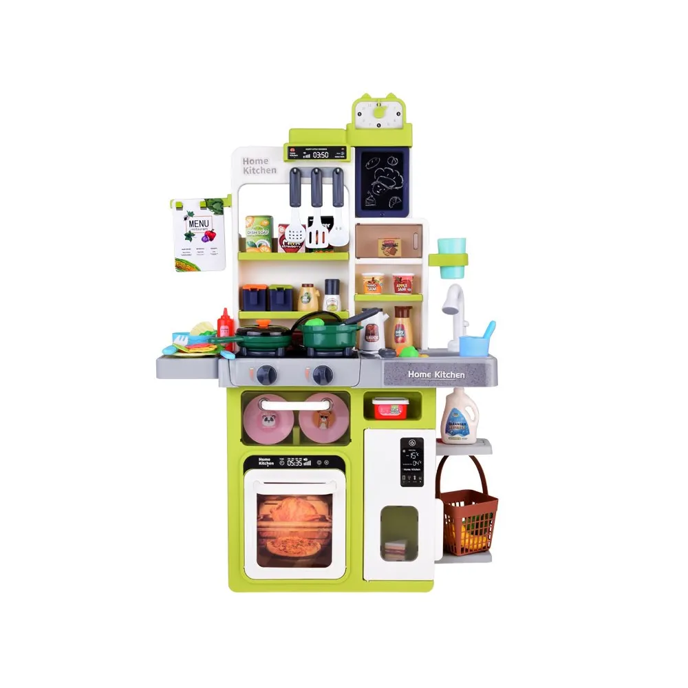 zestaw warzyw, owoców oraz naczyń dołączony do kuchni dla małego kucharza