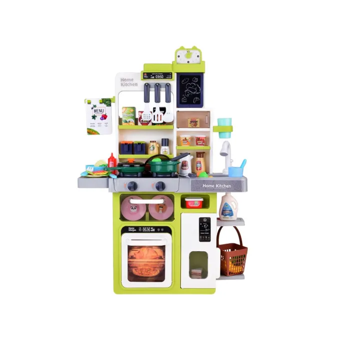 zestaw warzyw, owoców oraz naczyń dołączony do kuchni dla małego kucharza