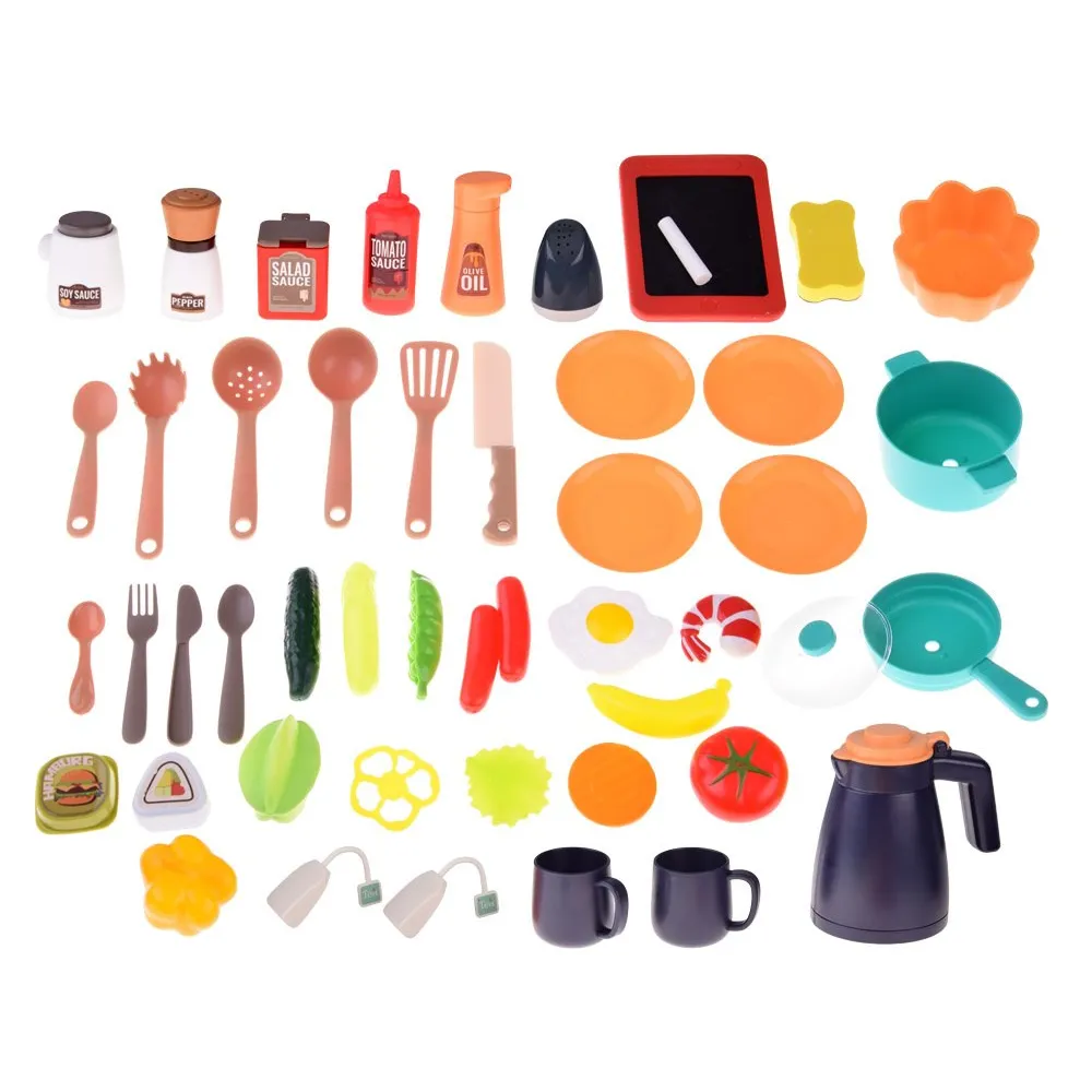 zestaw kuchenny 49 elementów, akcesoria rozłożone obok kuchni