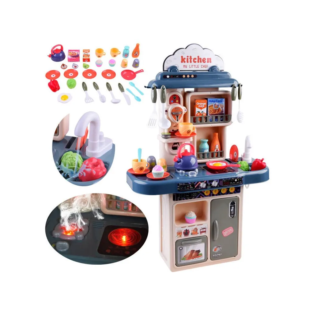 widok całego zestawu kuchni z lodówką i zlewozmywakiem dla dzieci