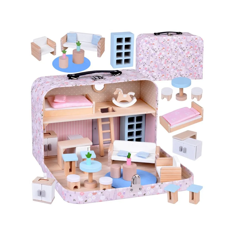 Kwiecisty domek dla lalek w zamykanej walizce z uchwytem