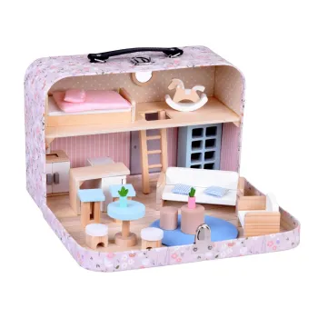 KWIECISTY Domek dla lalek w zamykanej walizce + drewniane mebelki ZA5930