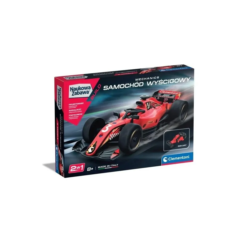 zestaw do budowy samochodu wyścigowego z widocznymi elementami konstrukcyjnymi