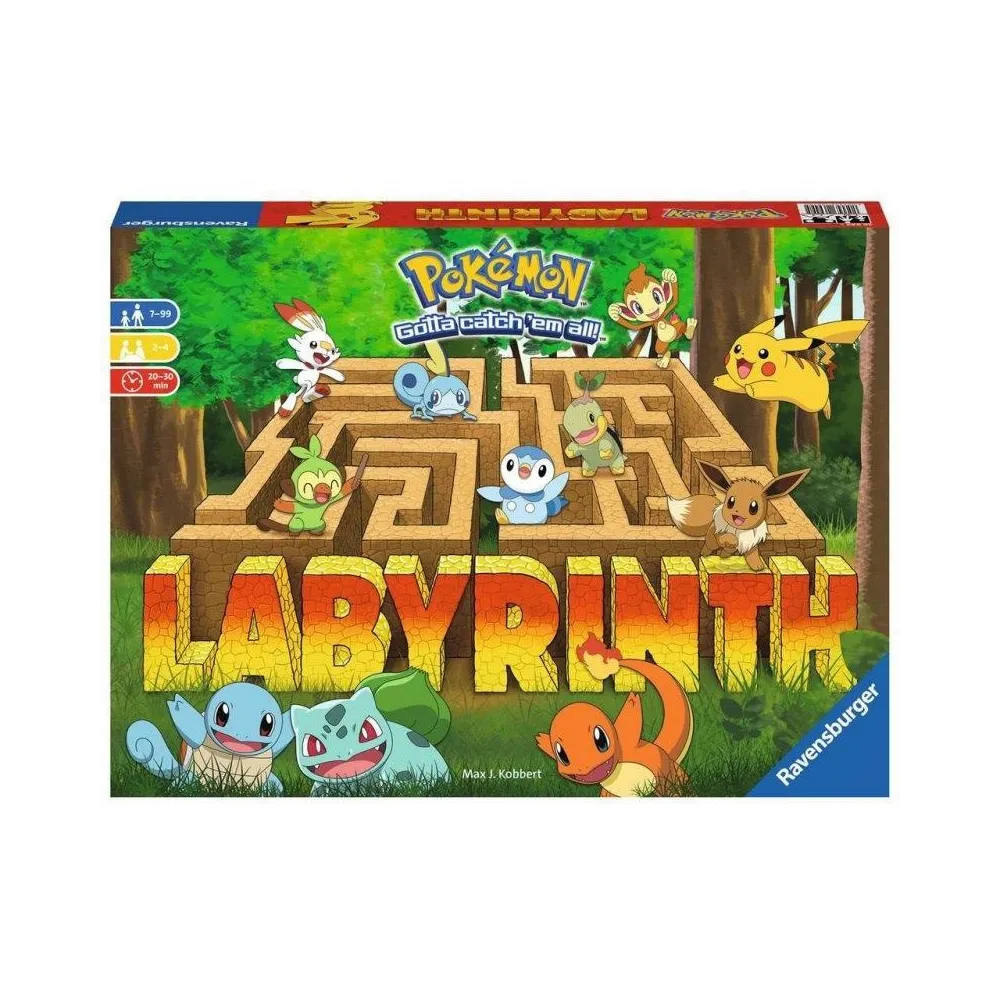 Plansza do gry Labyrinth Pokemon z figurkami i kaflami labiryntu w kolorach