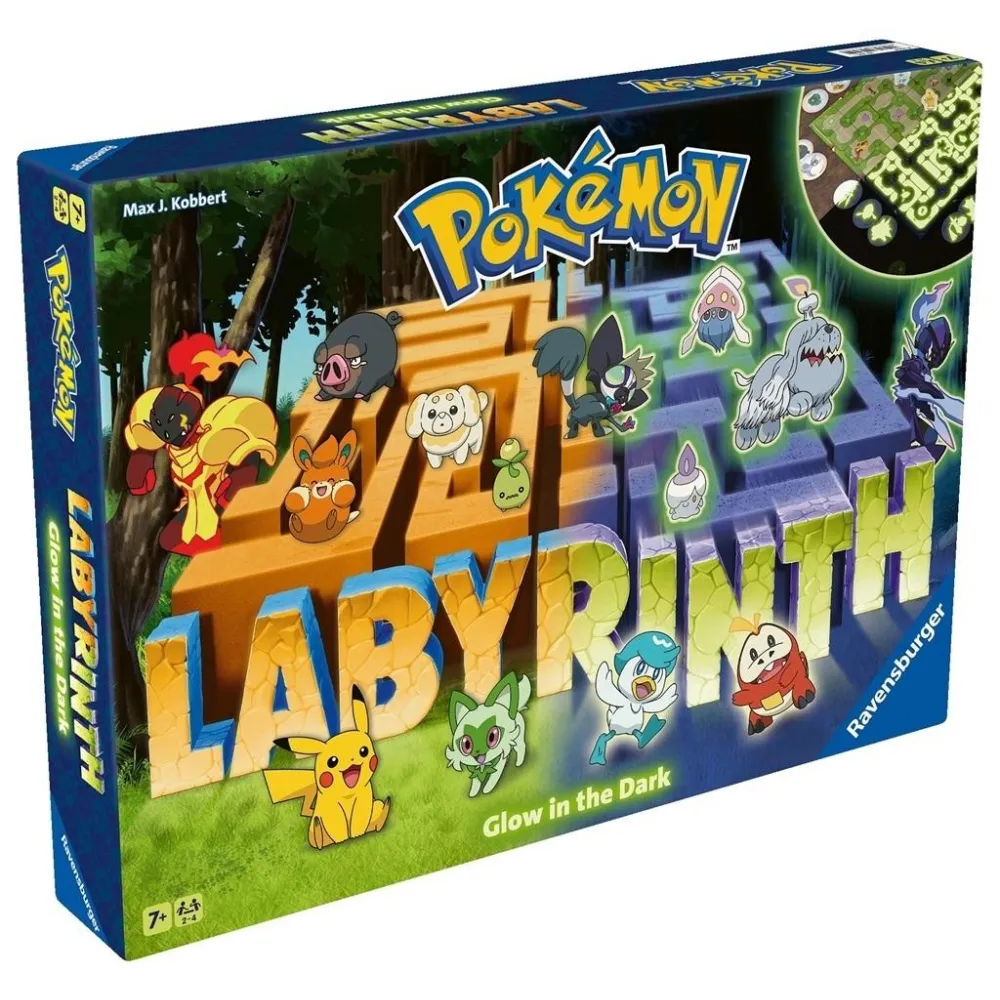 Gra planszowa Labyrinth Pokemon z planszą świecącą w ciemności oraz figurkami