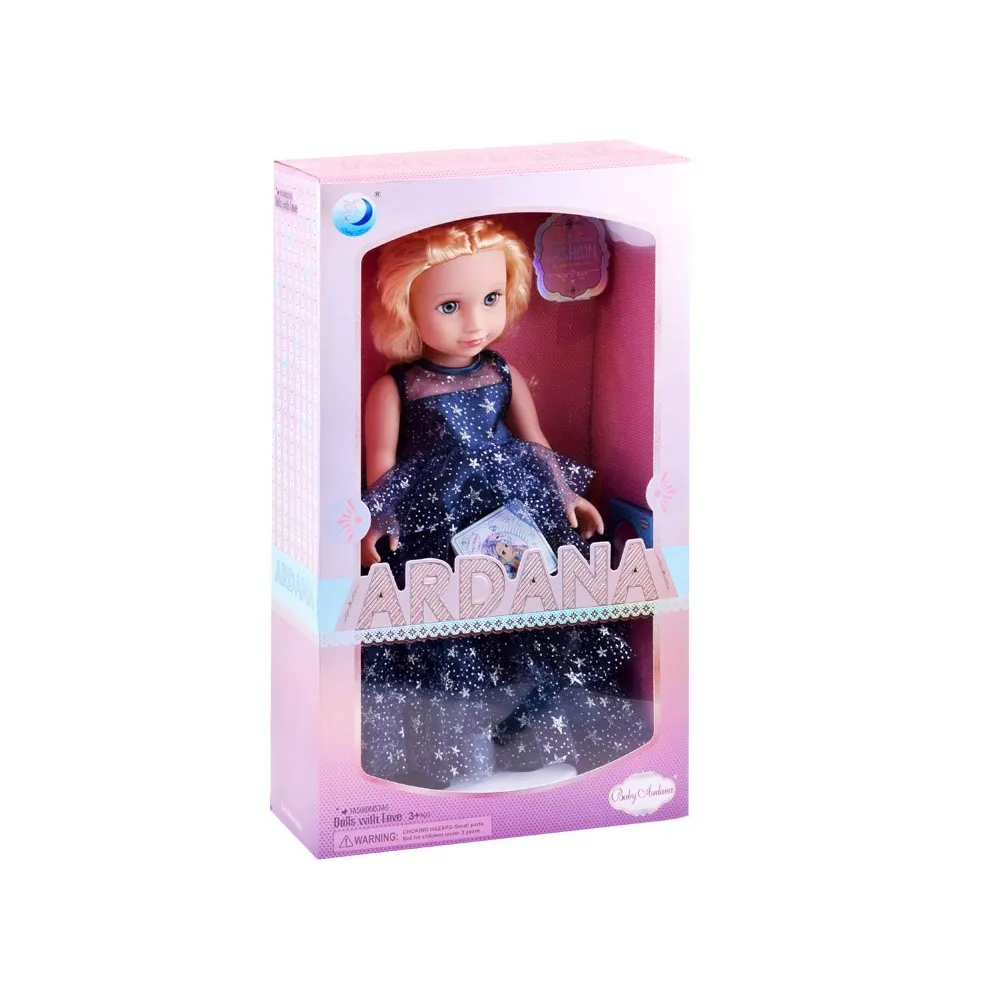 Granatowa balowa suknia lalki z widocznym detalem wzoru