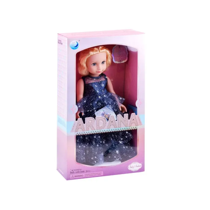 Granatowa balowa suknia lalki z widocznym detalem wzoru