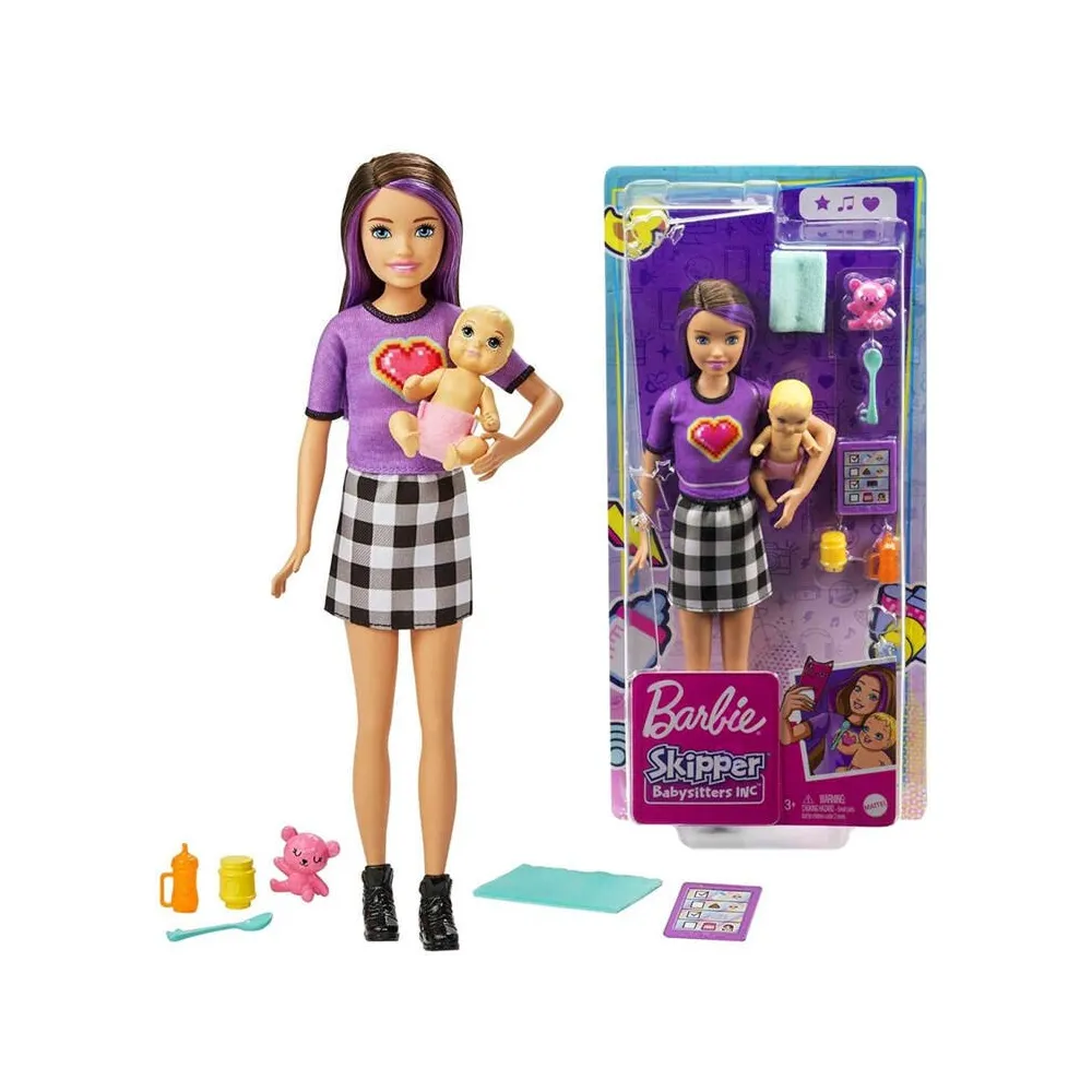 Lalka Barbie Skipper opiekunka ubrana w fioletowy t-shirt i spódniczkę w kratę