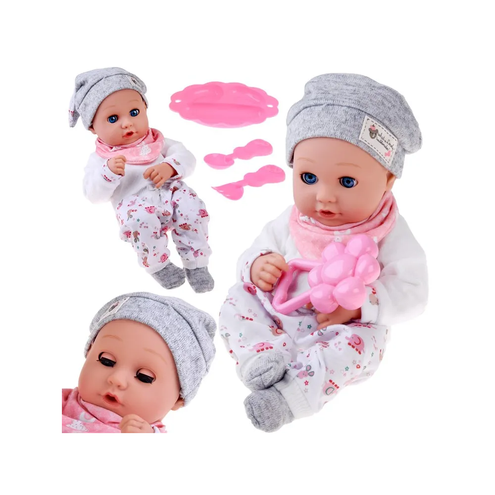 Lalka bobas 32 cm w jasnym ubranku z akcesoriami do karmienia