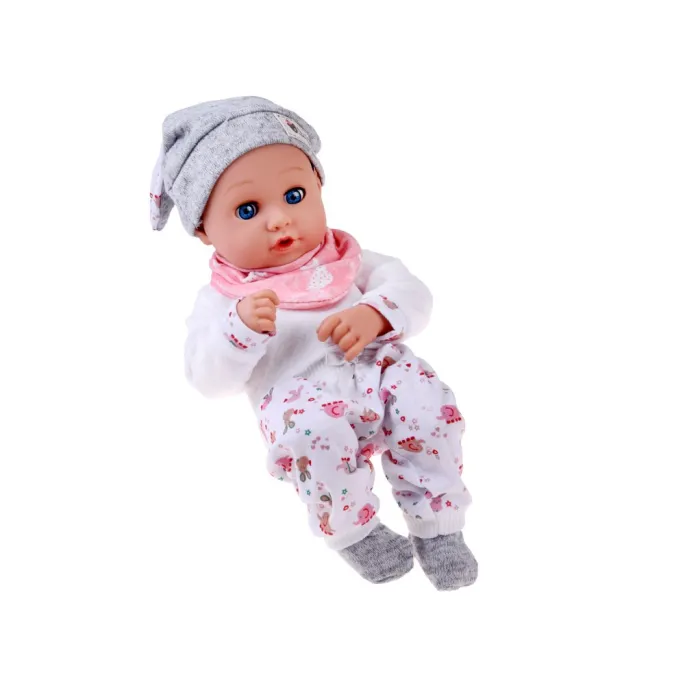 Komplet akcesoriów: talerzyk, widelec, łyżeczka i grzechotka przy lalce