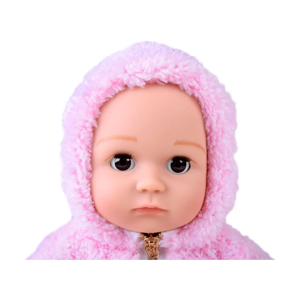 Różowa bluza z kapturem i szare getry w kropki na lalce