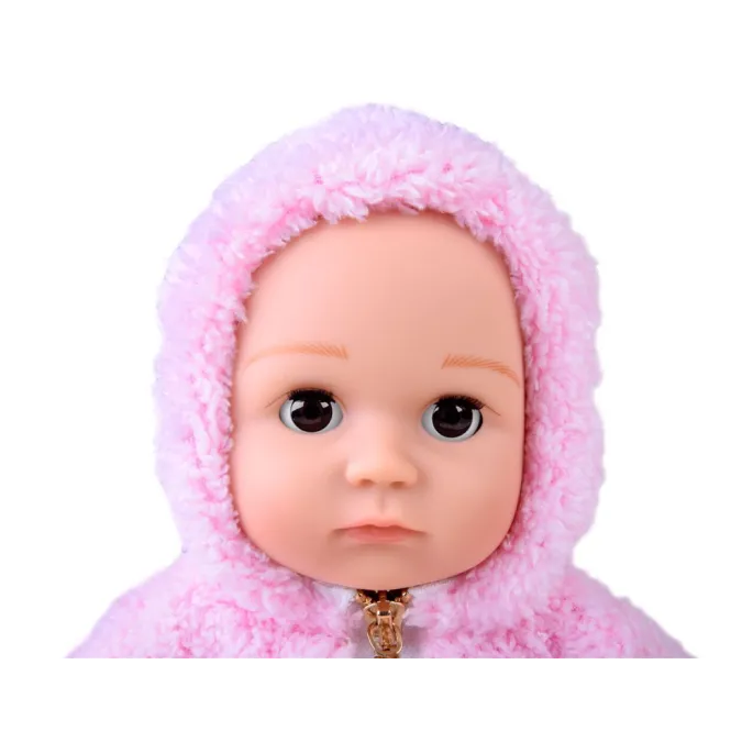 Różowa bluza z kapturem i szare getry w kropki na lalce