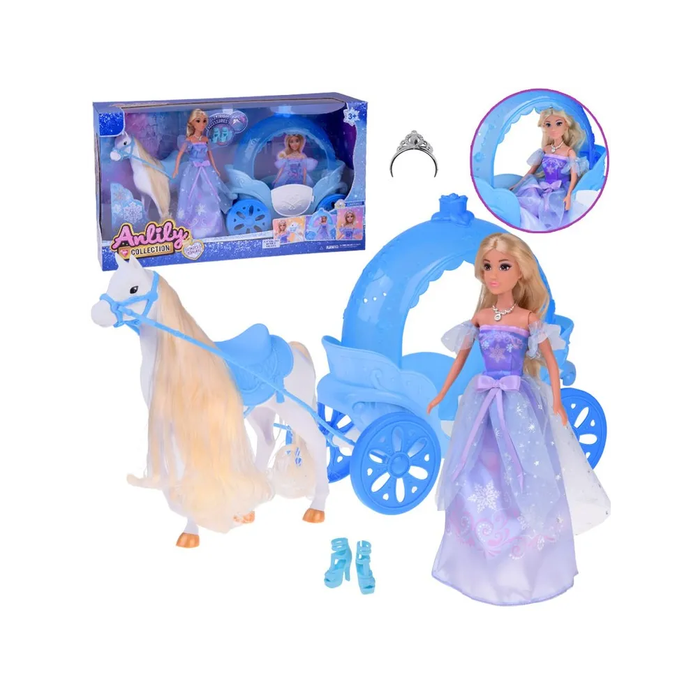 Lalka księżniczka w balowej sukni z akcesoriami obok karocy