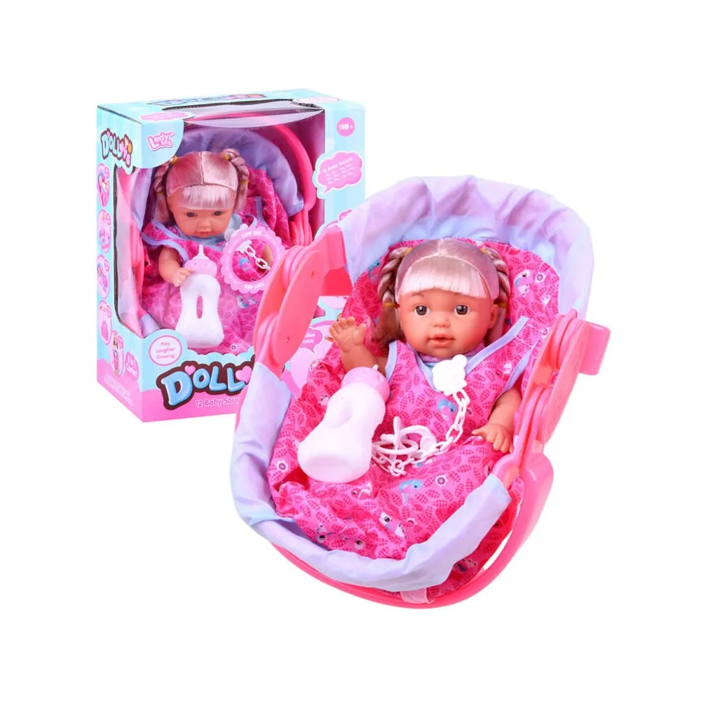 Lalka blond włosy siedząca w plastikowym nosidełku z akcesoriami