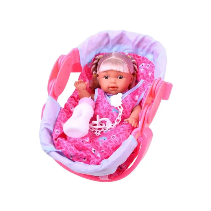 Butelka i smoczek na łańcuszku obok lalki do zabawy karmieniem