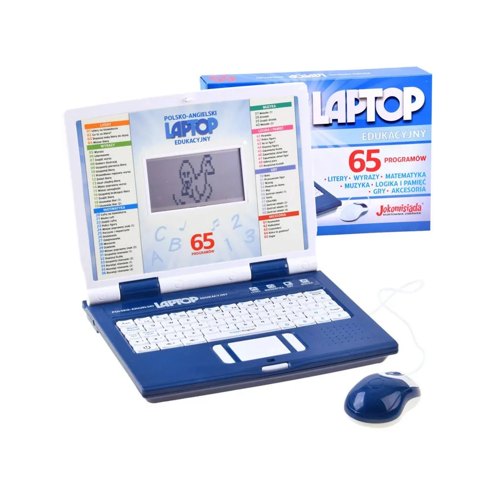 Laptop edukacyjny polsko angielski prezentowany na kolorowym tle