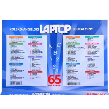 Laptop edukacyjny otwarty, widoczne przyciski i ekran