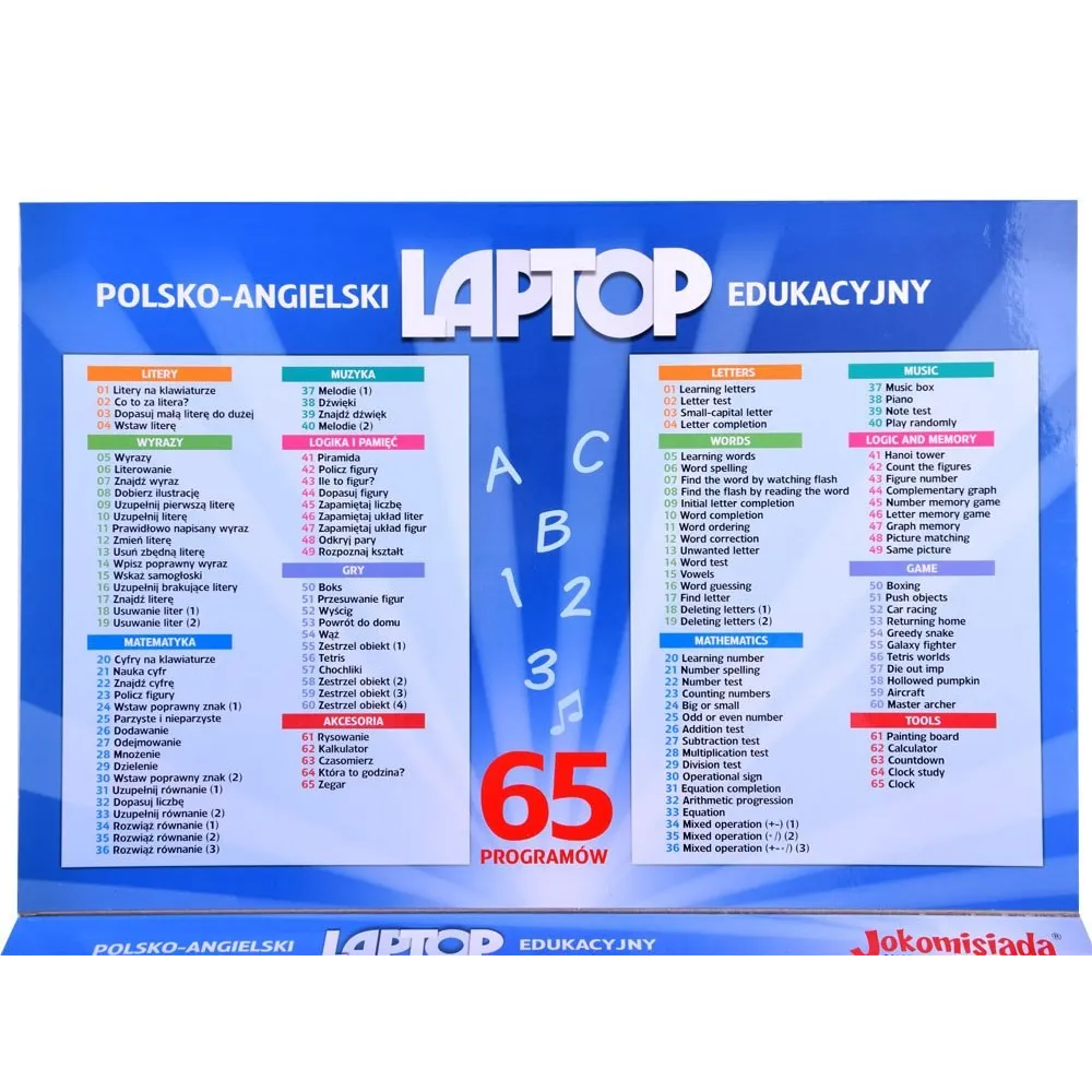 Laptop edukacyjny otwarty, widoczne przyciski i ekran