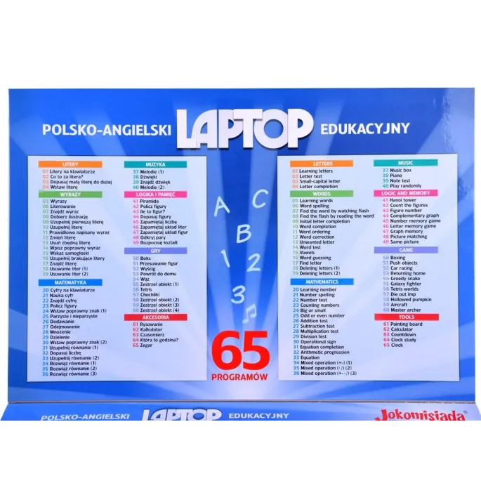 Laptop edukacyjny otwarty, widoczne przyciski i ekran