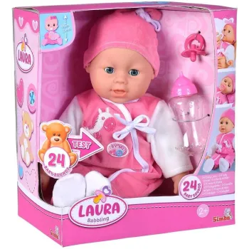 Lalka Laura gaworząca 38 cm w pastelowym kombinezonie z zamkniętymi oczami