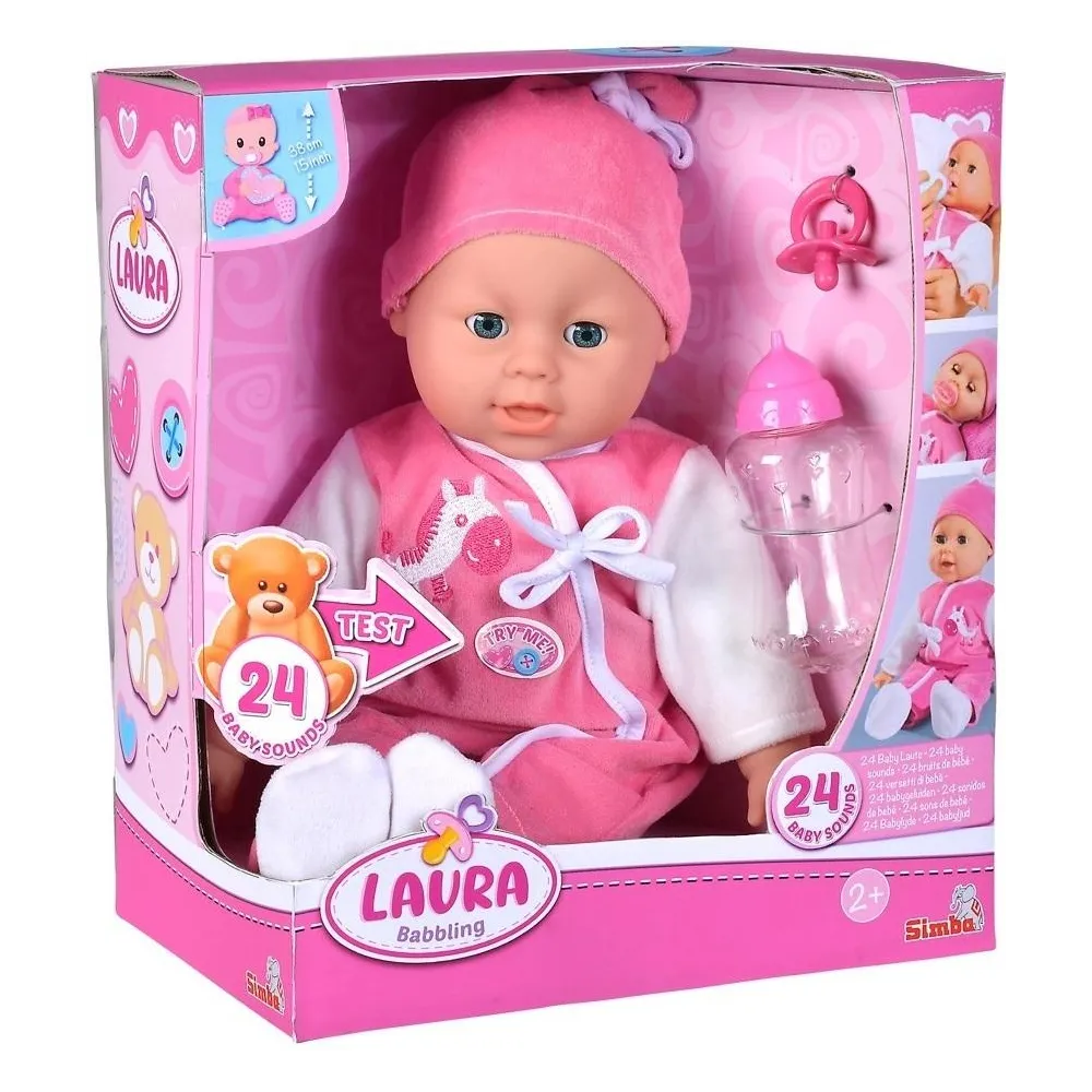 Lalka Laura gaworząca 38 cm w pastelowym kombinezonie z zamkniętymi oczami