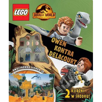 Zestaw LEGO Jurassic World z minifigurkami Owena i Delacourta na tle scenki 3D
