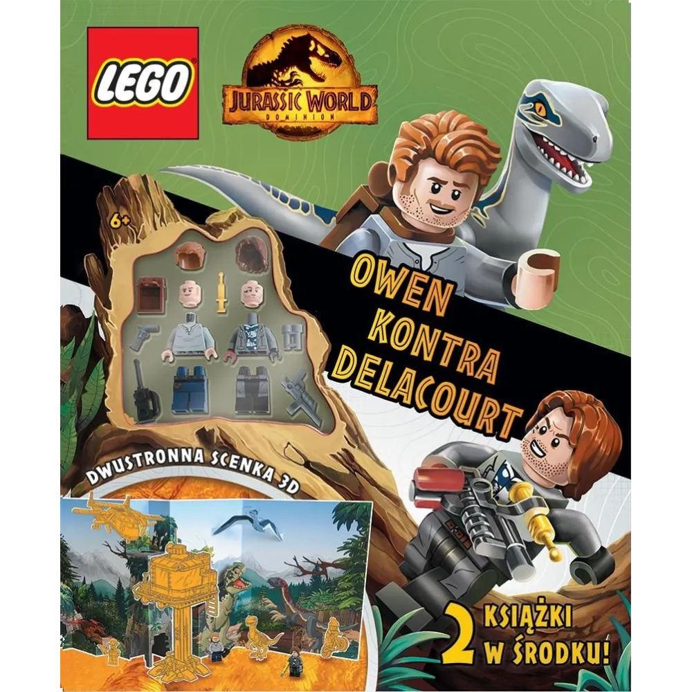 Zestaw LEGO Jurassic World z minifigurkami Owena i Delacourta na tle scenki 3D