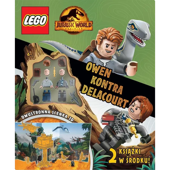 Zestaw LEGO Jurassic World z minifigurkami Owena i Delacourta na tle scenki 3D