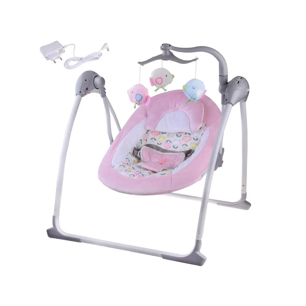 elektryczny leżaczek huśtawka bujaczek w szaro-różowych kolorach