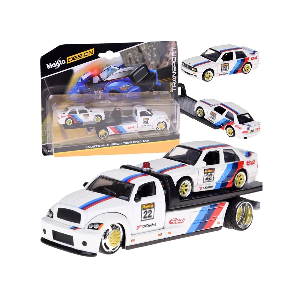 Zestaw Maisto Flatbed i BMW M3 1988 model 1:64 na białym tle