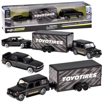 Mercedes-Benz G 1988 i BMW M3 E30 modele w skali 1:64 na tle białym