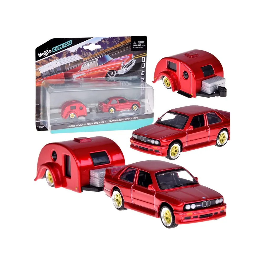 Licencjonowany model BMW M3 1988 z przyczepą kempingową na białym tle